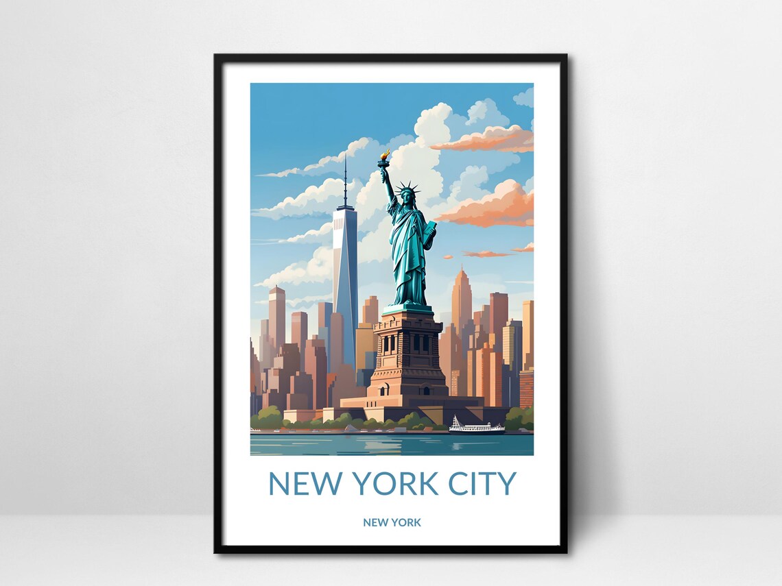 New York City Statue Of Liberty Blue Sky Skyline Travel Poster