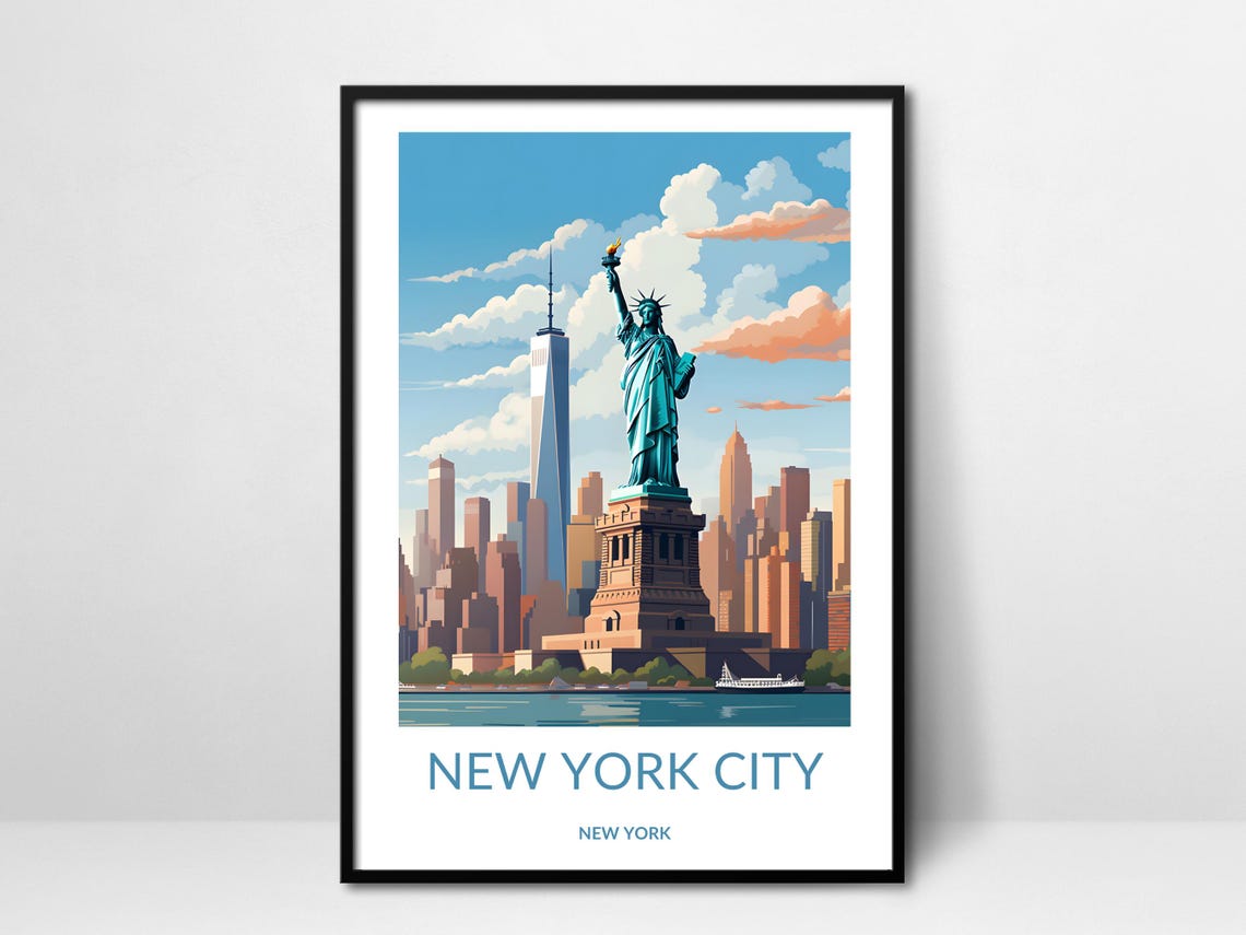 Statue Of Liberty And New York City Skyline Poster Iconic Nyc Landmark Wall Art New York City Travel Poster
