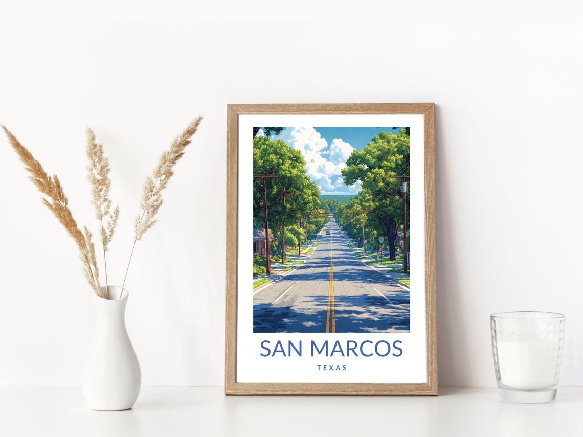 San Marcos Texas Scenic Road Poster Tree Lined Street Hill Country Art - Image 3