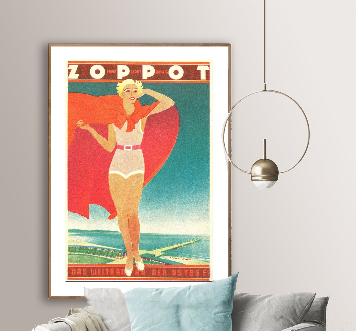 Zoppot Danzig Baltic Beach Blonde Swimmer Red Cape Vintage Poster - Image 2