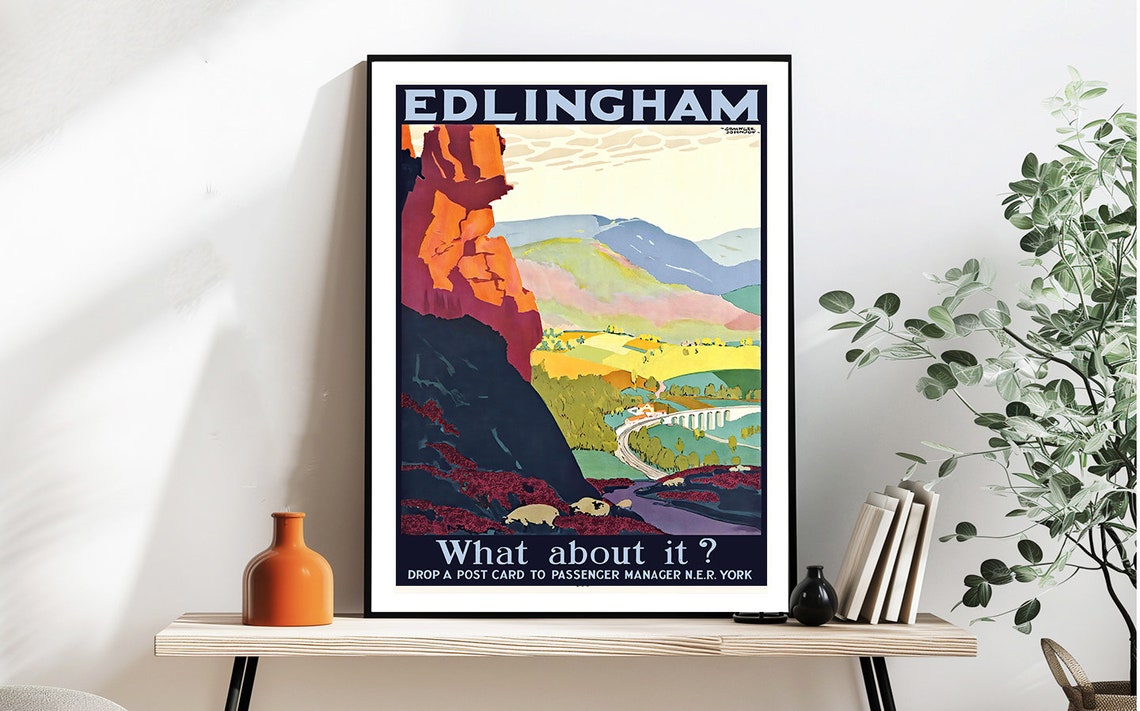 Edlingham Vintage English Railway Poster Mountain Valley Viaduct Sheep - Image 2