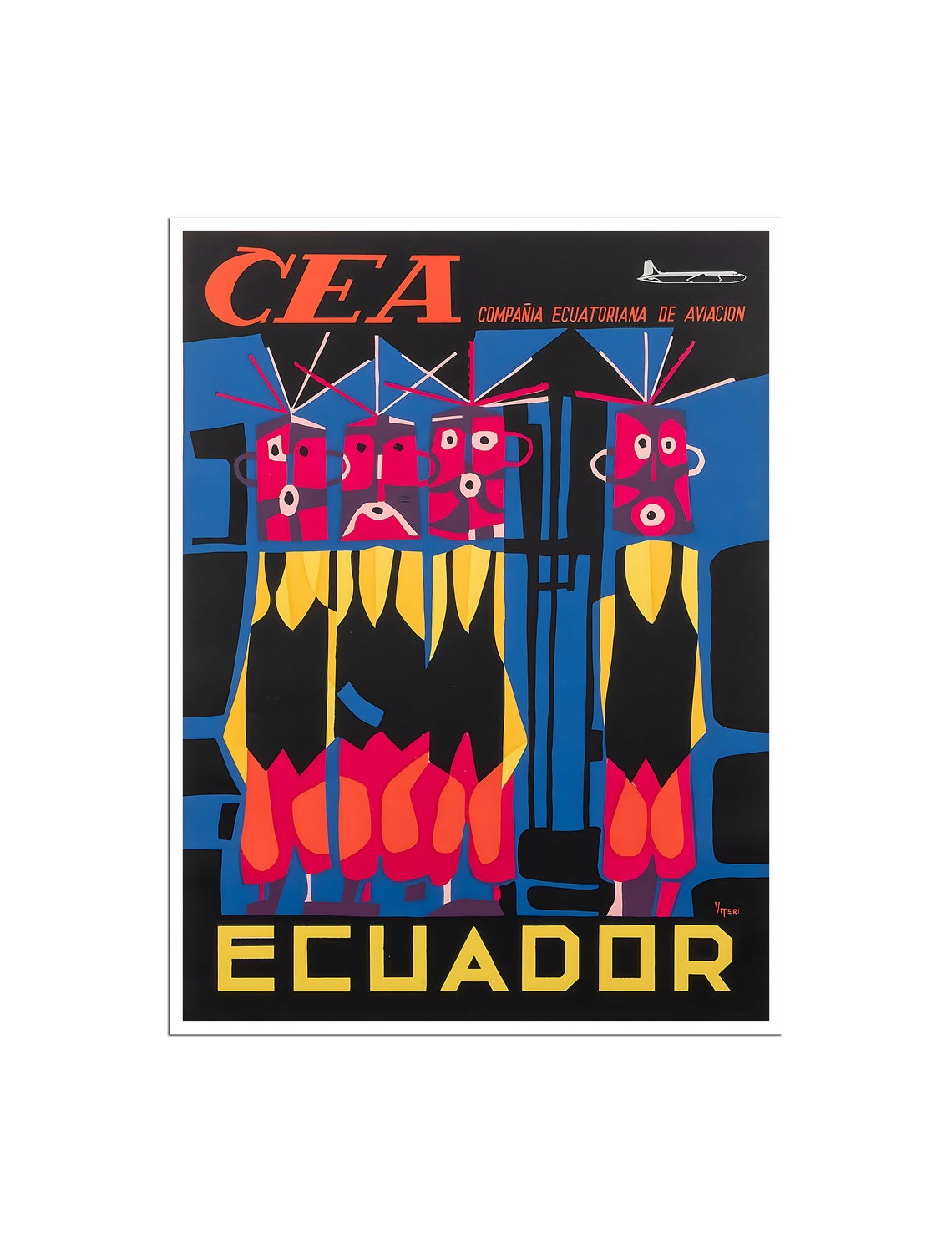 Ecuador CEA Airline Abstract Tribal Figures Vintage Travel Poster