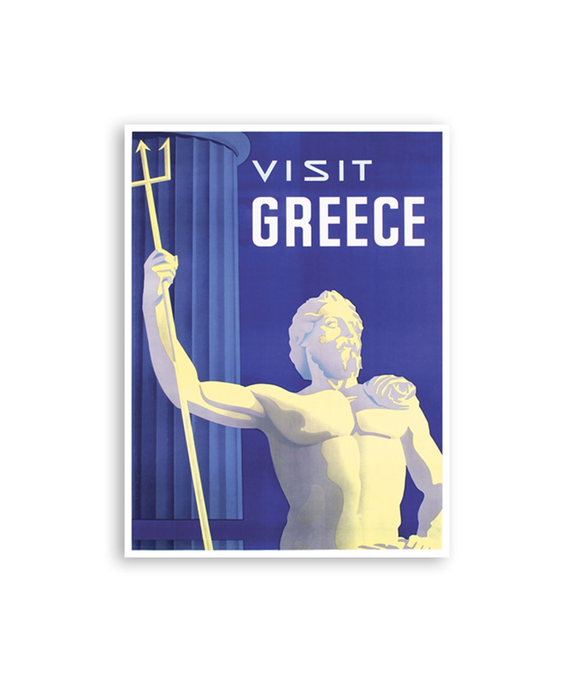 Visit Greece Poseidon Trident Statue Vintage Greece Travel Poster