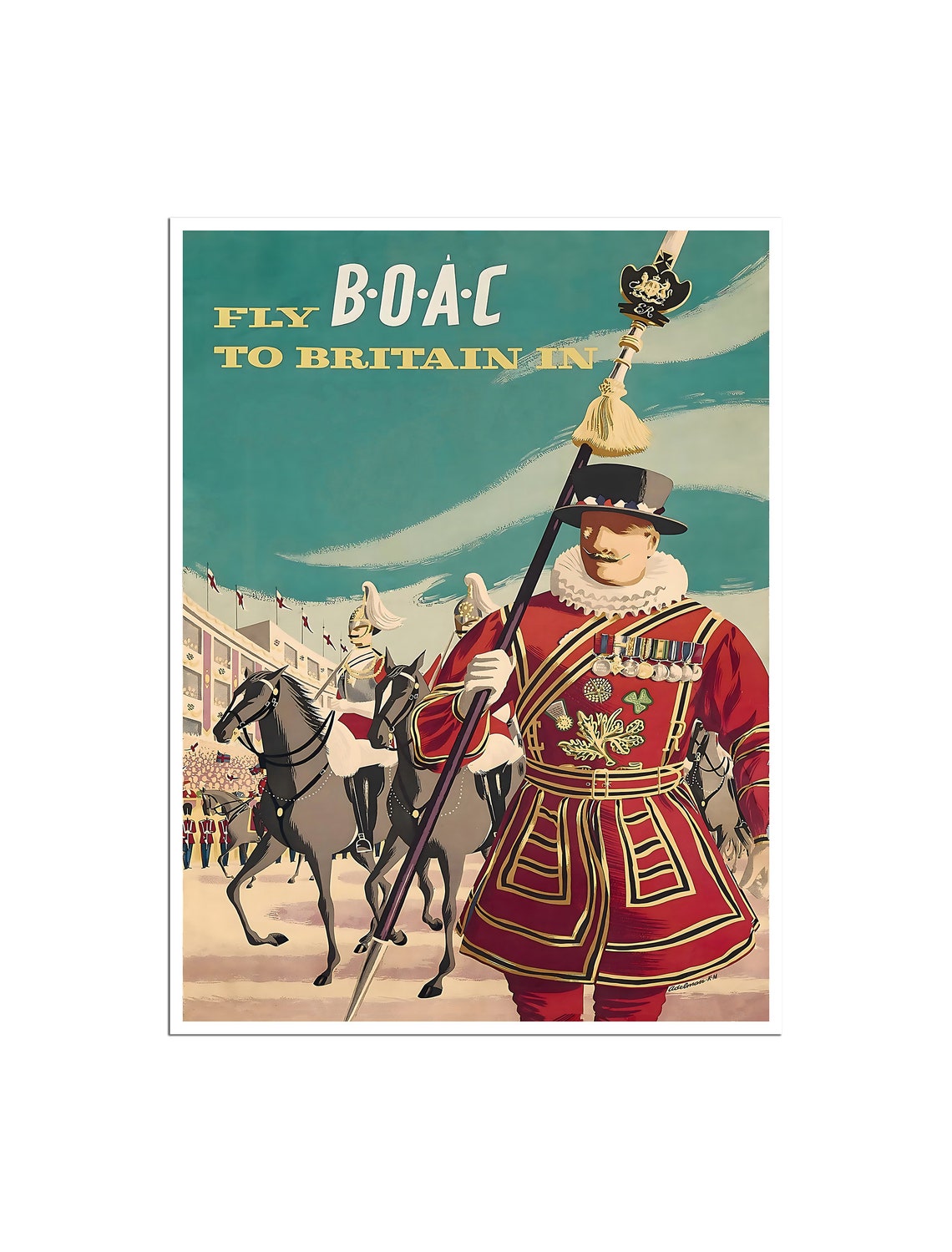 Fly BOAC To Britain Vintage Beefeater Guards Airline Travel Poster