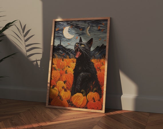 Scary Cat Painting Halloween Wall Art Decor Indoor Printables Vintage Black Posters