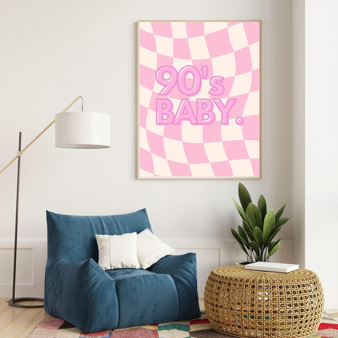 90s Baby Pink Retro Checkerboard Nostalgia Quote Wall Art Poster - Image 2