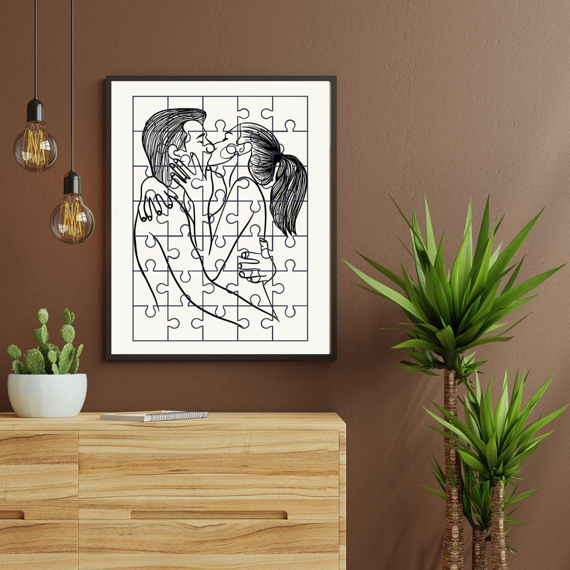 Passionate Couple Puzzle Kiss Line Art Romantic Black White Poster - Image 5