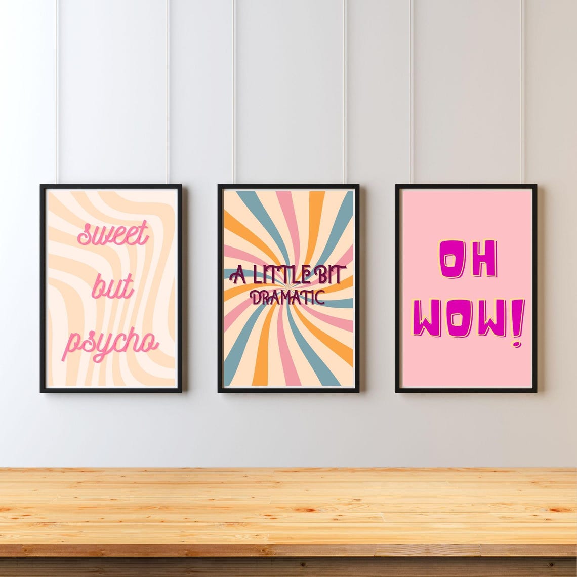 Sweet But Psycho Pink Retro Script Wavy Stripes Quote Wall Poster - Image 3
