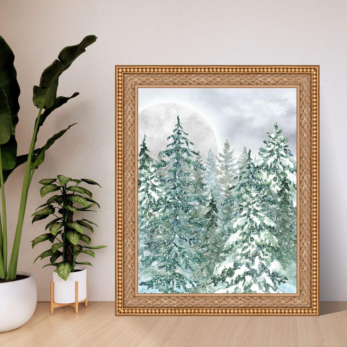 Snowy Pine Forest Moonlight Watercolor Winter Landscape Wall Poster - Image 5
