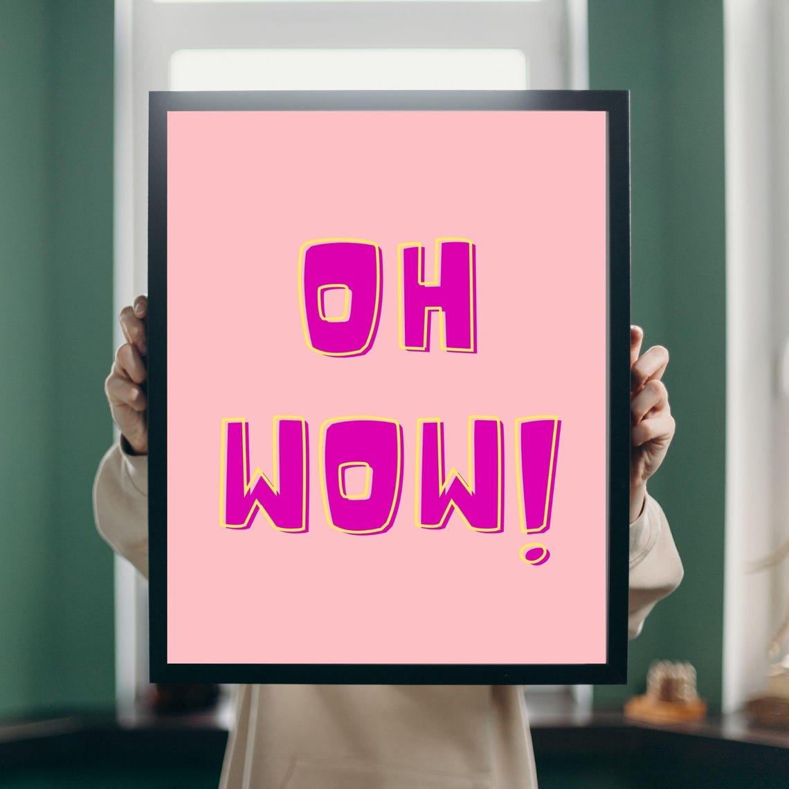 Oh Wow Retro Bubble Letter Positive Pink Pop Art Quote Wall Poster - Image 4