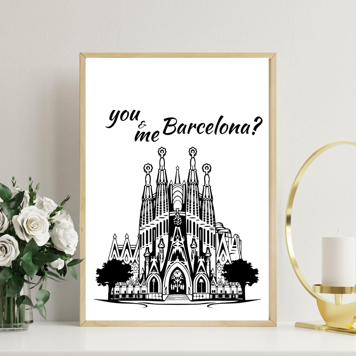 You And Me Barcelona Sagrada Familia Line Art Romantic Travel Poster