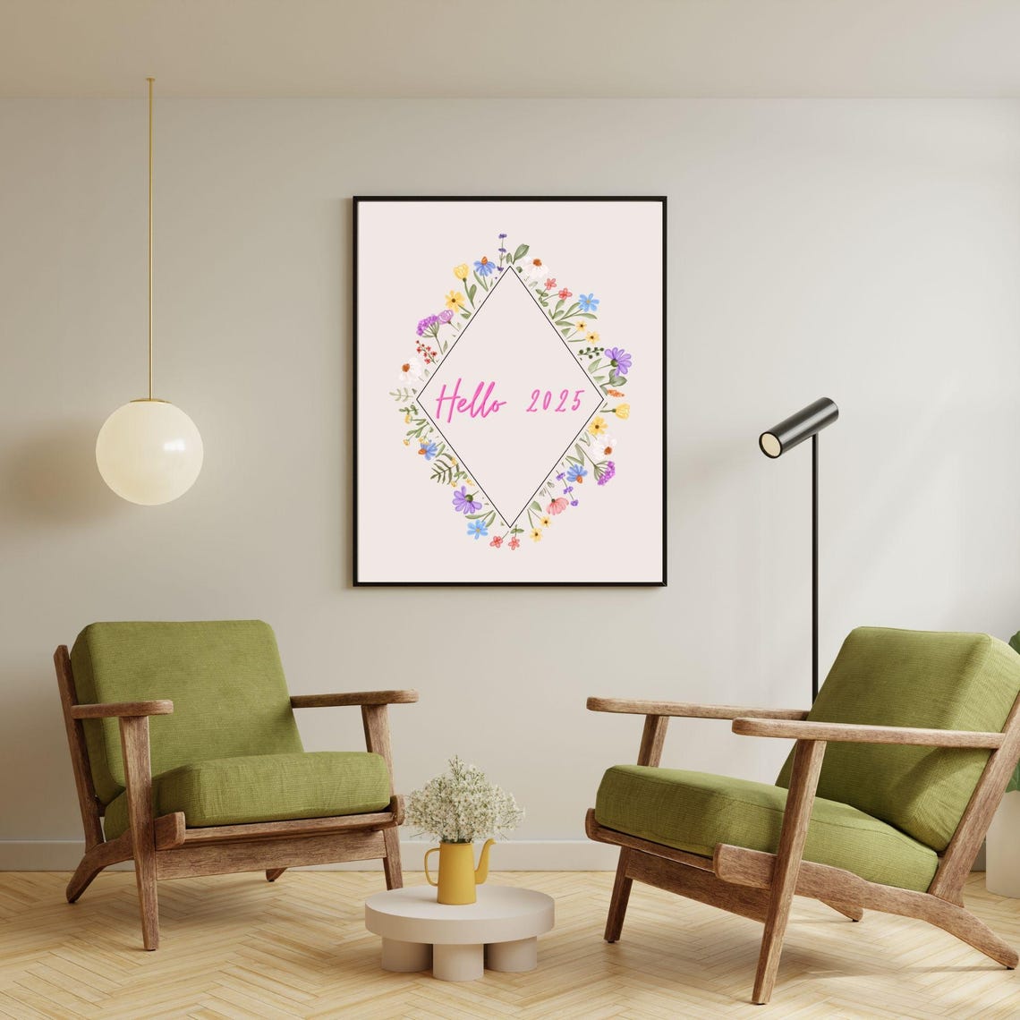 Hello 2025 Pink Script Floral Diamond Frame New Year Wall Art Poster - Image 2