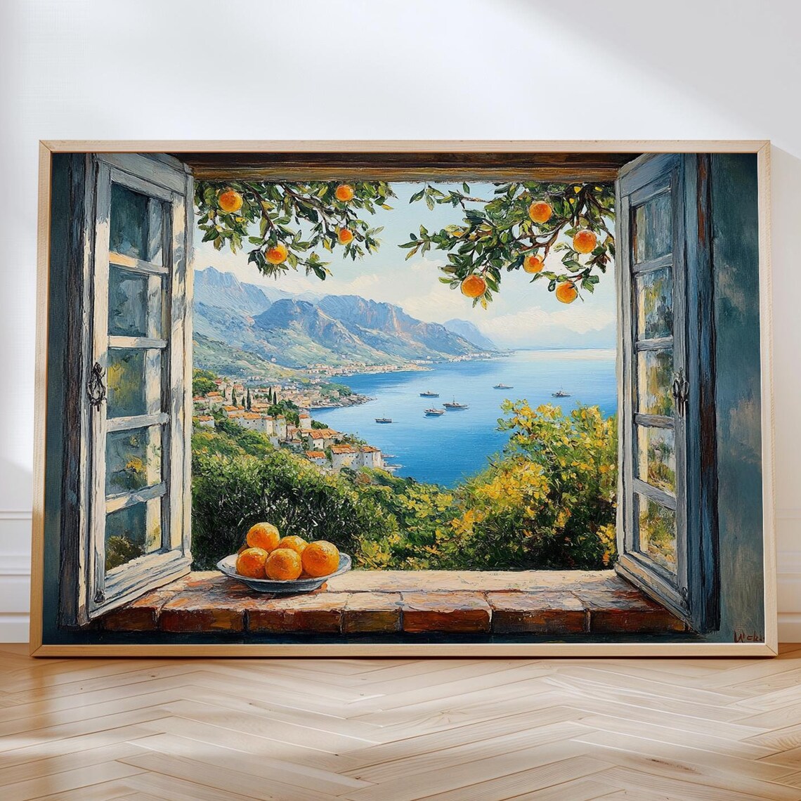 Open Window Mediterranean Sea With Oranges, Art Print