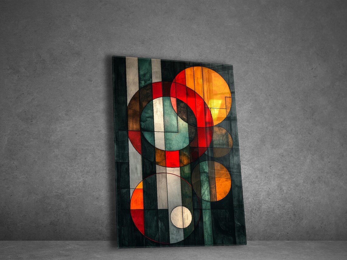 Stained Glass Circles Poster Red Amber Teal Stripes Abstract Art
