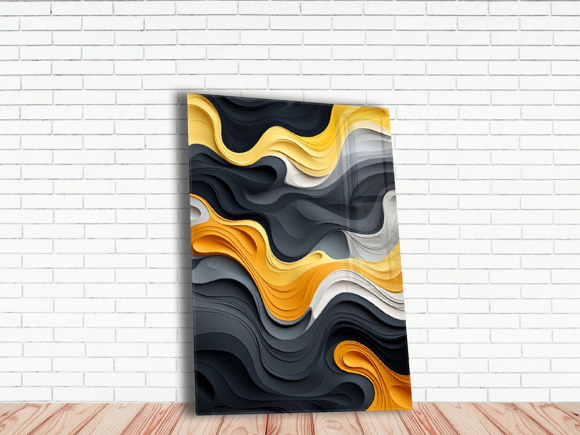 Gold Black White Flowing Waves Poster Layered Sculptural Art