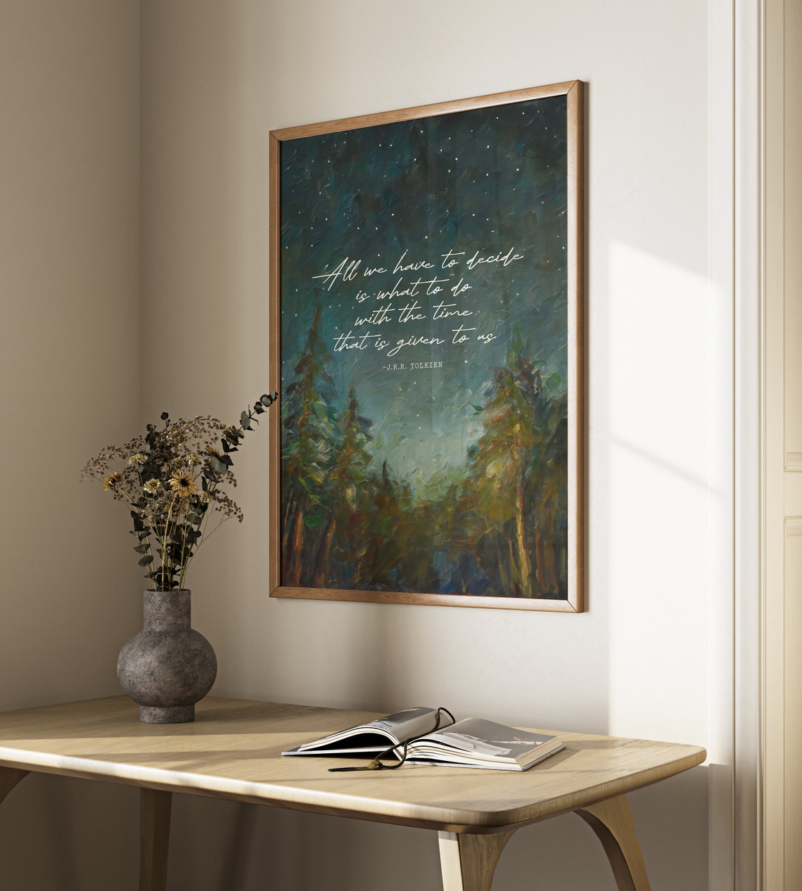 All We Have To Decide Tolkien Quote Starry Night Forest Painting Print - Image 2