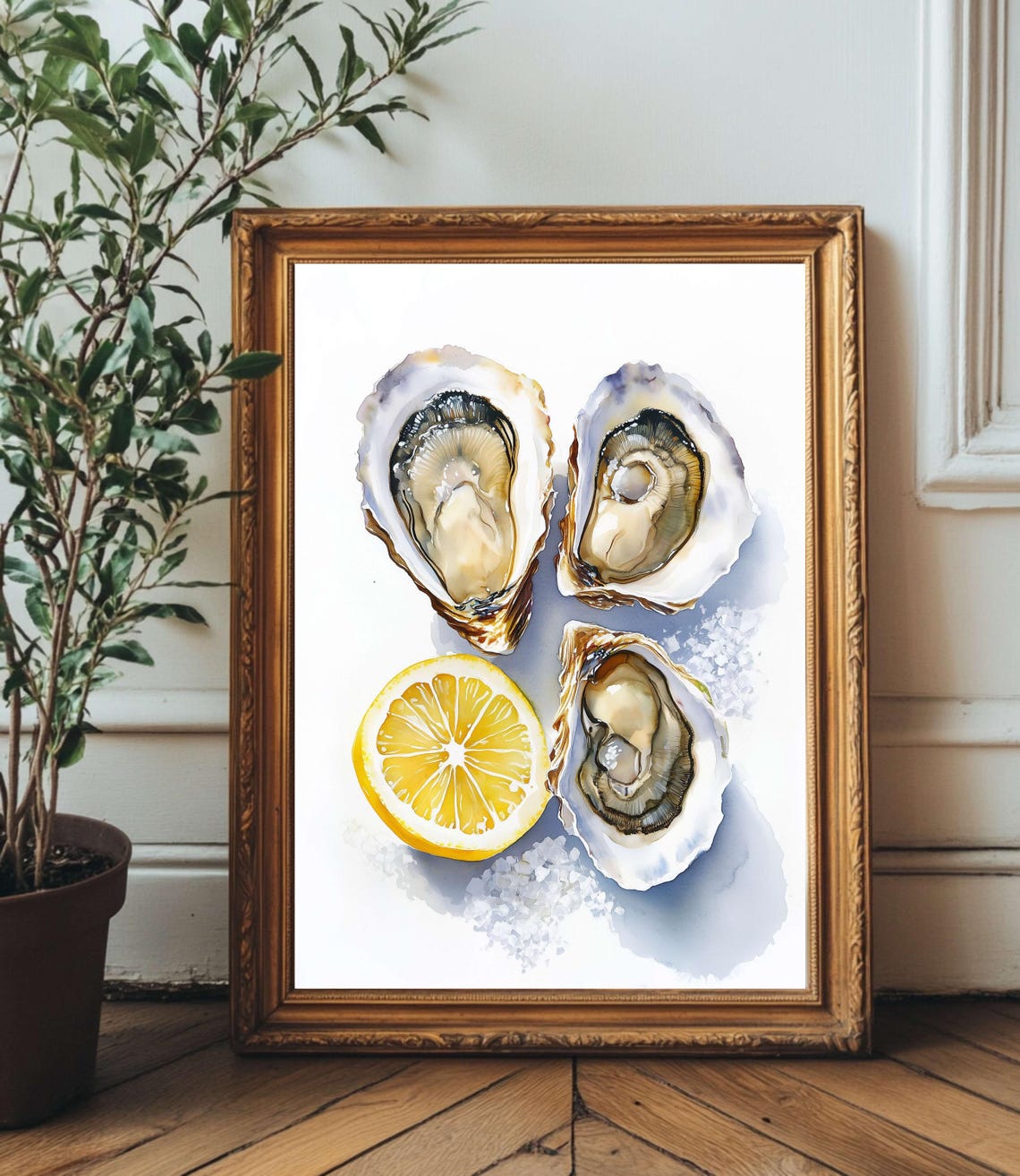 Fresh Oysters Lemon Sea Salt Watercolor Coastal Kitchen Food Art Print