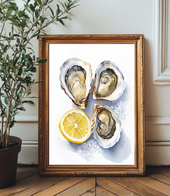 Watercolor Oyster Wall Art Coastal Kitchen Decor Mediterranean Seafood Painting Nautical Print Lemon Rosemary Food Illustration