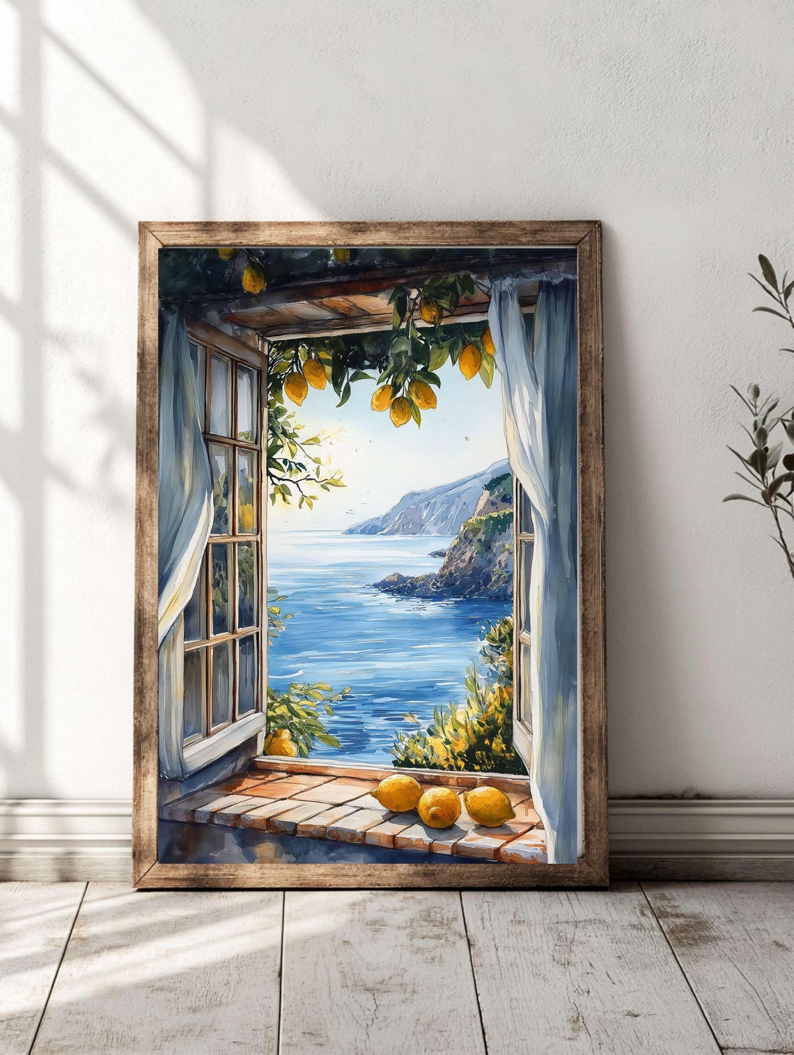 Mediterranean Lemon Window Overlooking The Sea Watercolor Poster