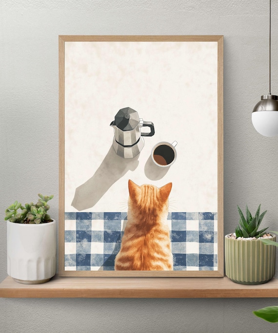 Ginger Cat Coffee Break Minimalist Watercolor Top-Down Kitchen Poster