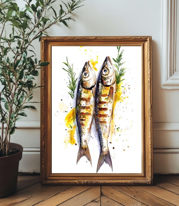 Grilled Sardines Watercolor Print Kitchen Wall Art Coastal Seafood Illustration Mediterranean Fish Decor