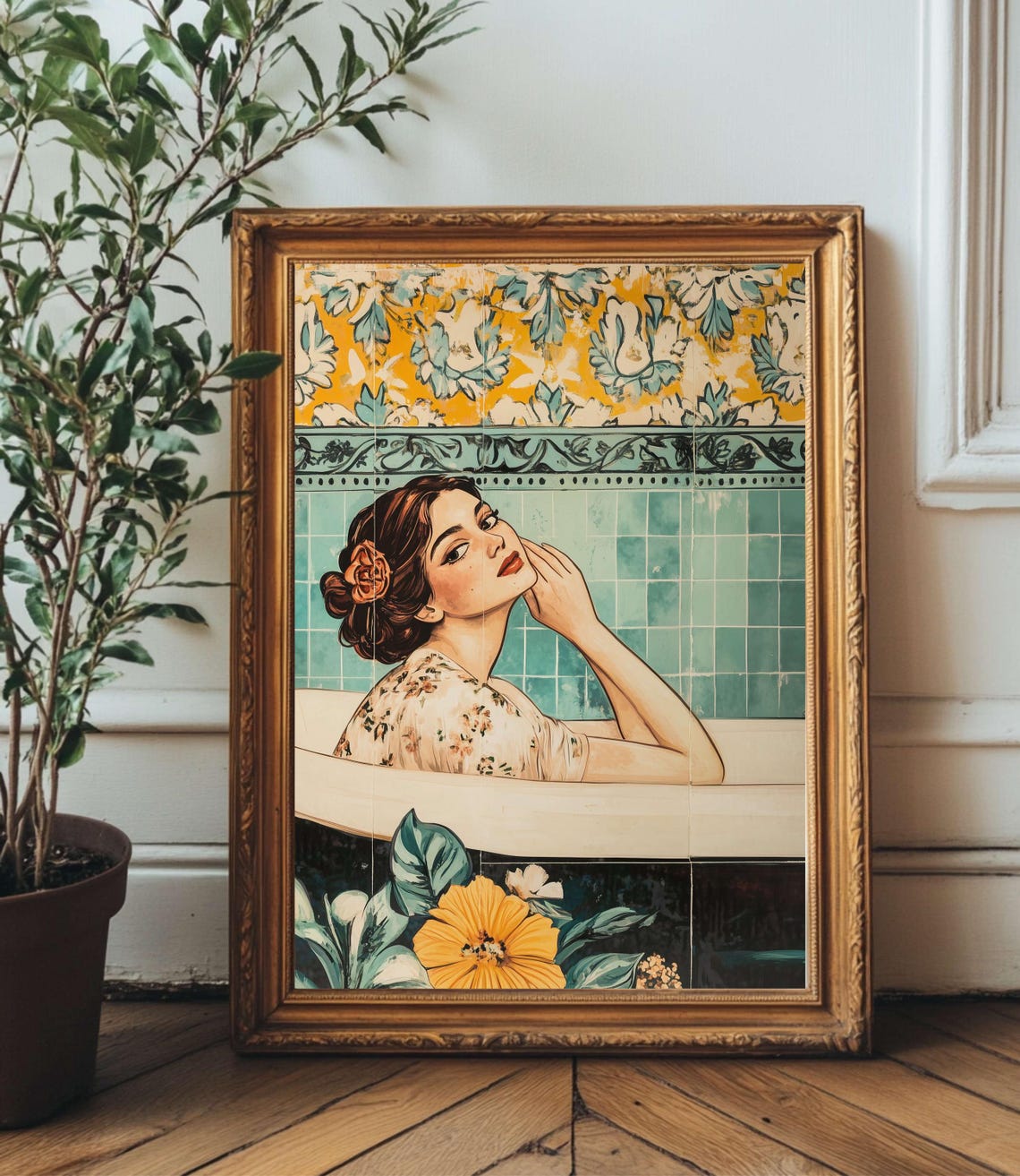 Retro Woman Bathing in Teal Tile Vintage Bathroom Art Poster