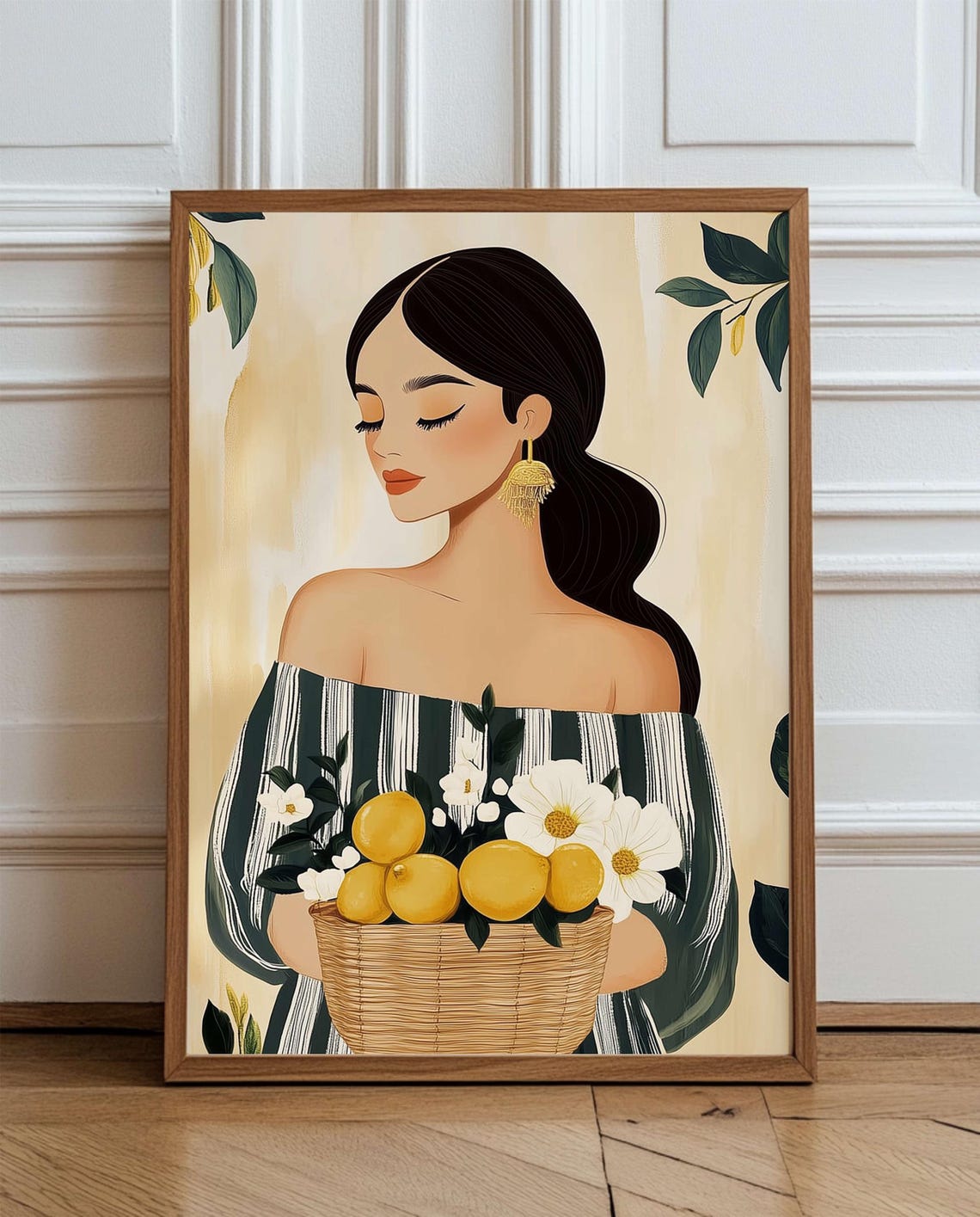 Mediterranean Woman With Lemon Basket Boho Kitchen Decor Poster