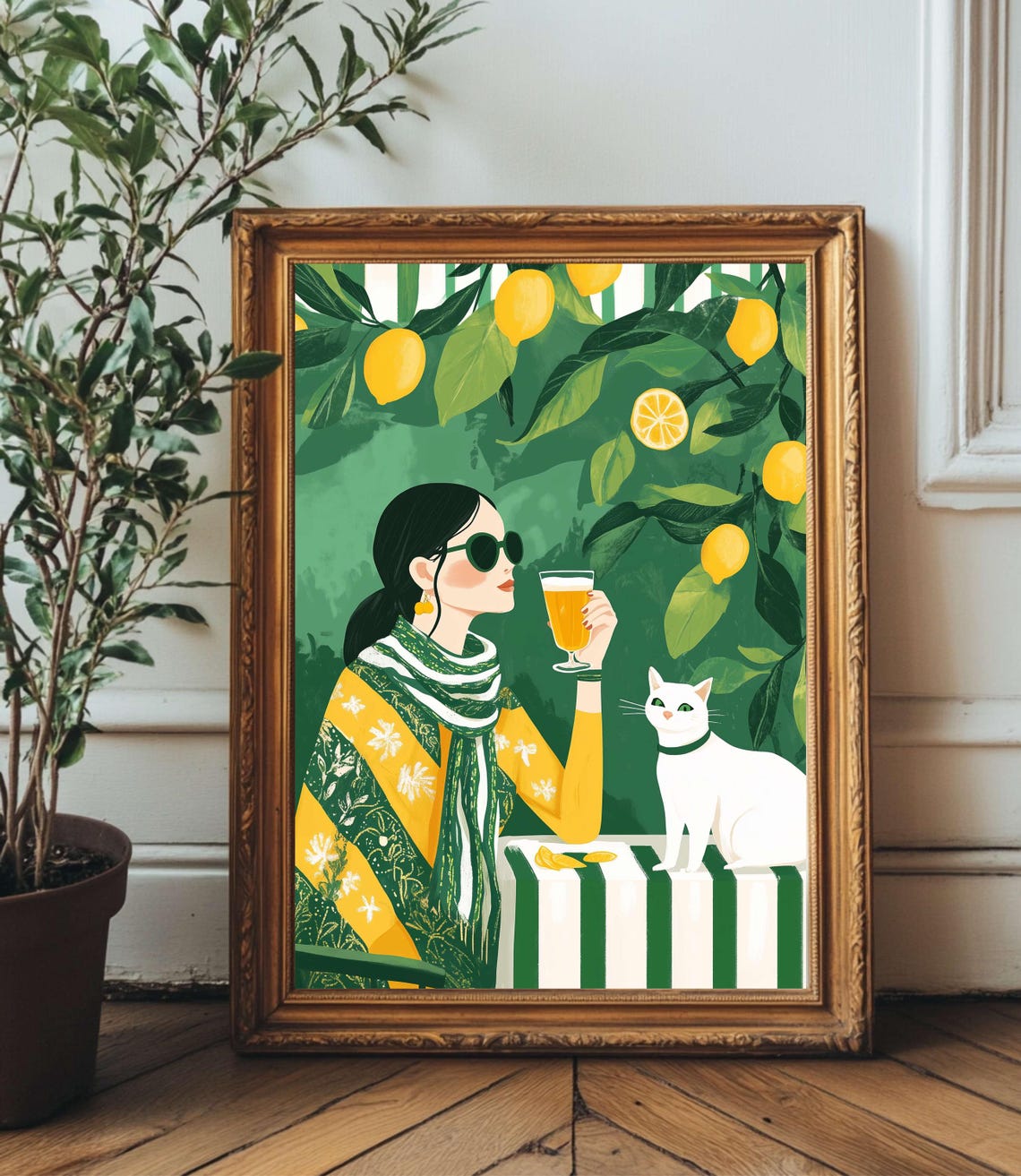 Italian Summer Aperol Hour Woman with Cat Print under Lemon Tree Shade