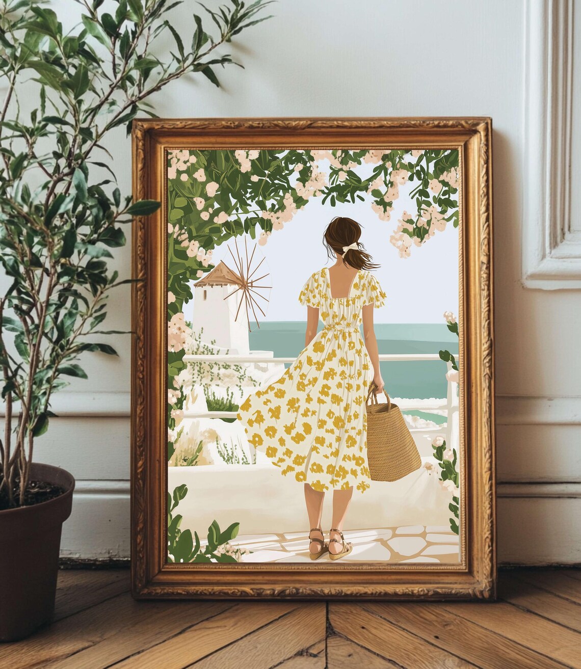 Woman in Yellow Dress at Greek Island Windmill Illustration Poster