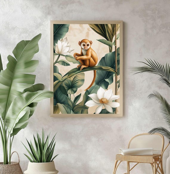 Tropical Botanical Wall Art Exotic Jungle Landscape Boho Zen Decor White Inspired Monkey