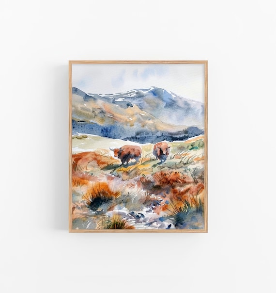 Scottish Higland Painting Scotland Countyside Watercolor Art Print Mountains Landscape Travel Art Gifts By Feelingprints