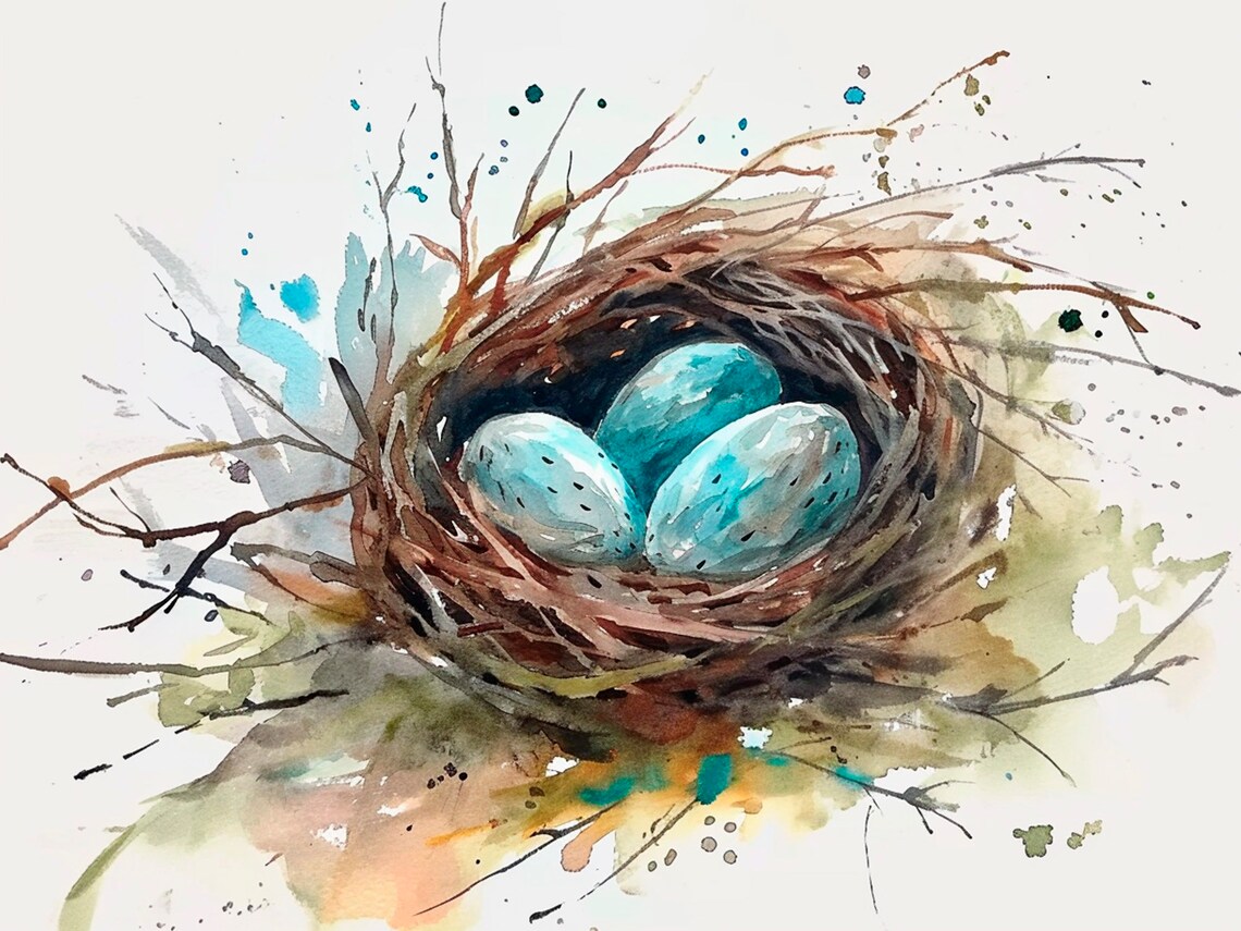 Nest Watercolor Art Print, Easter Eggs Poster