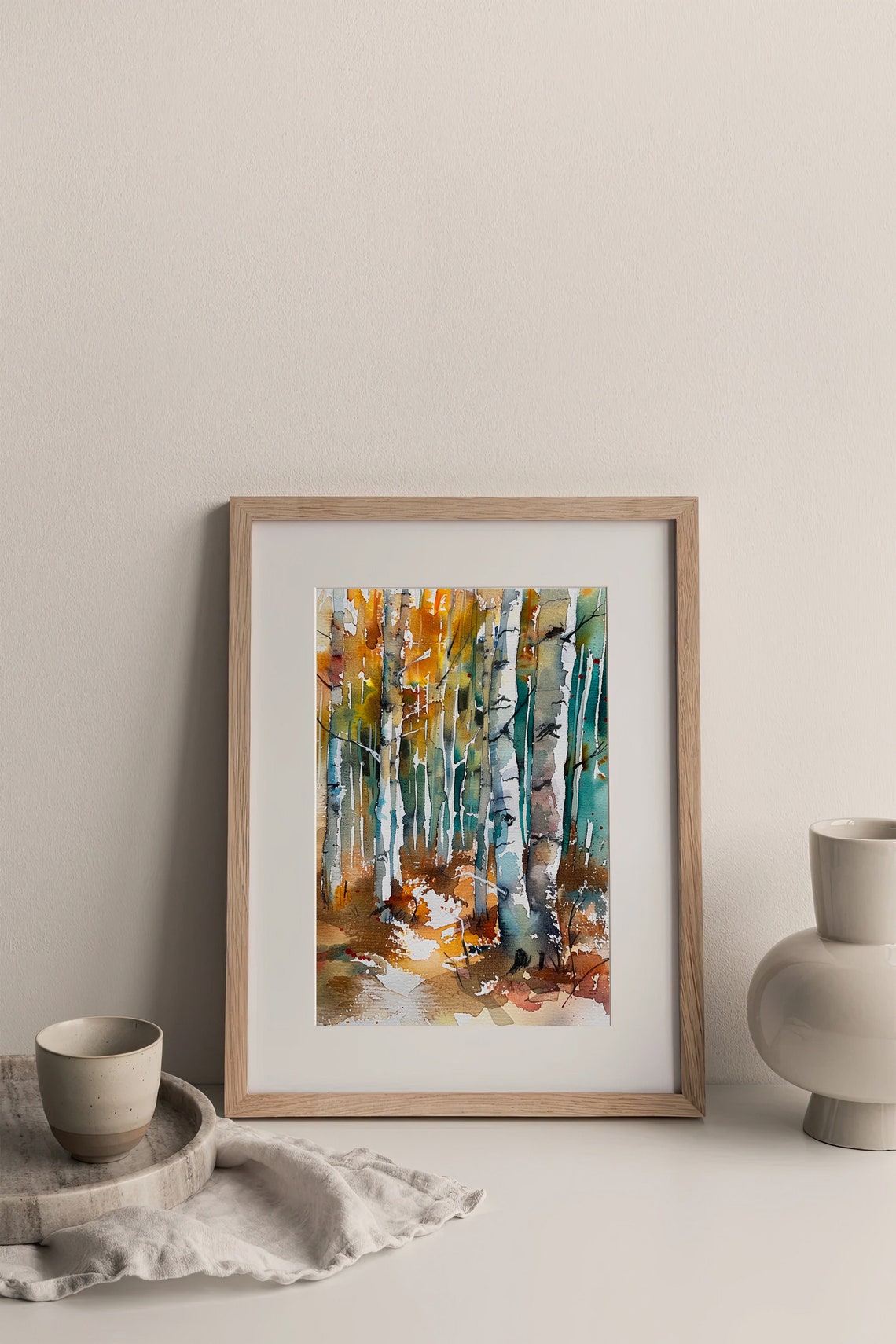 Birch Forest Watercolor Autumn White Trunks Golden Leaves Art Print - Image 4