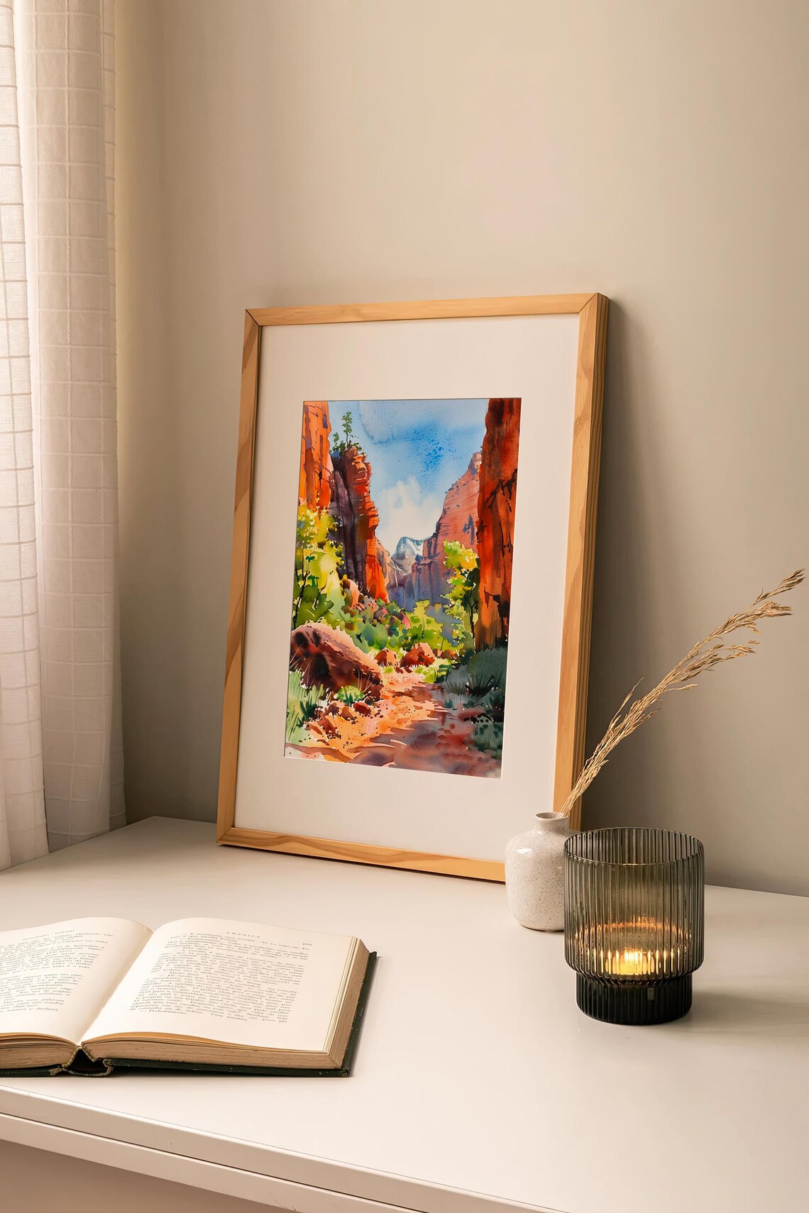 Stunning Zion Utah Red Rock Canyon Sunlit Trail Watercolor Poster - Image 2