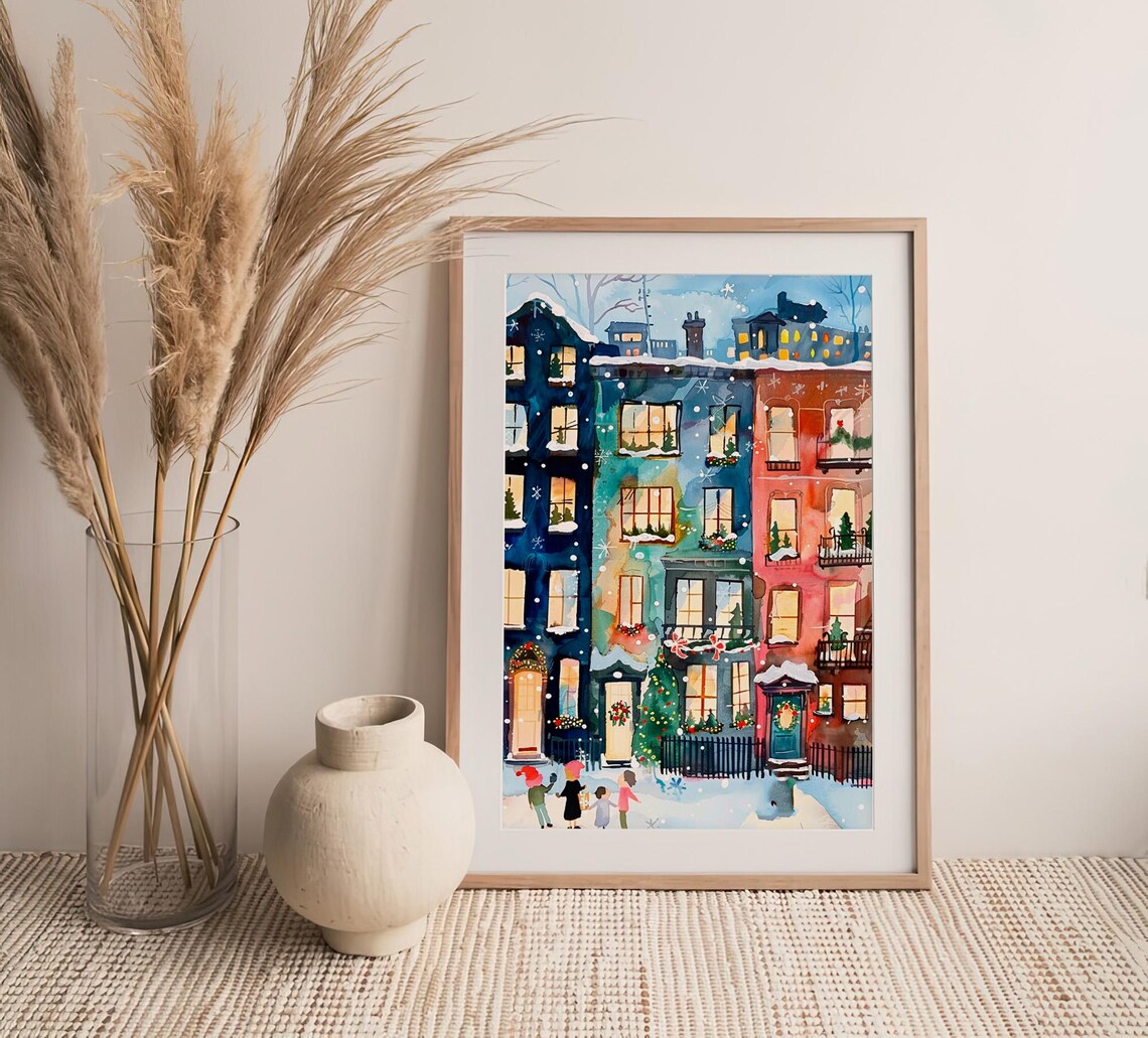 Christmas Brownstone Street Snowy Evening Watercolor Holiday Poster - Image 4