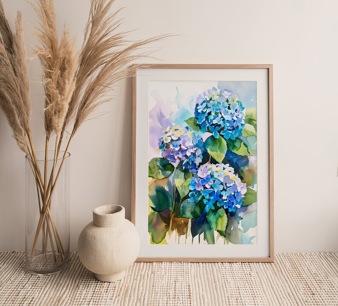 Blue Hydrangea Blooms Watercolor Floral Botanical Art Poster - Image 4