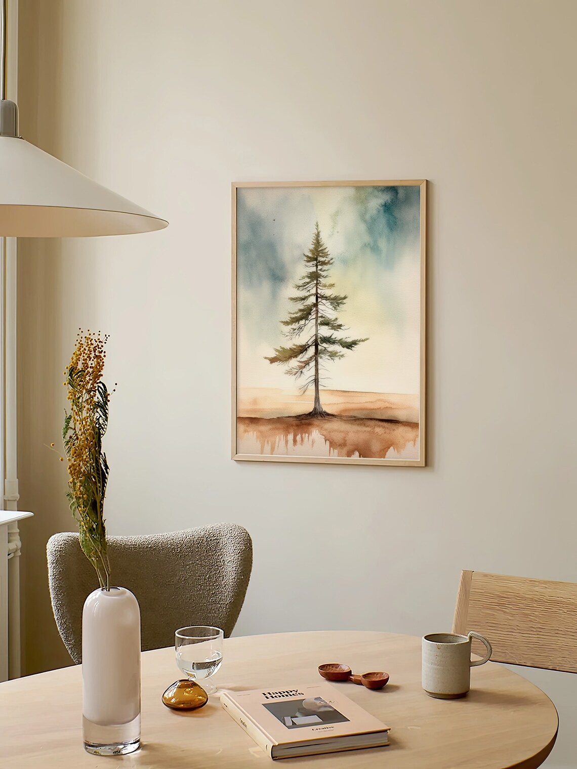 Stunning Lone Pine Tree Minimalist Sepia Sky Watercolor Poster - Image 2