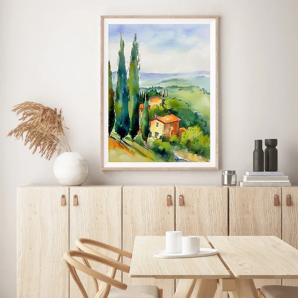 Tuscany Rustic Farmhouse Cypress Trees Rolling Hills Watercolor Poster - Image 3