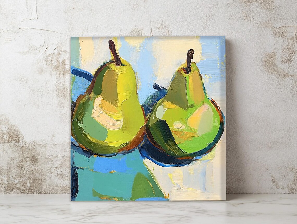 Two Green Pears Oil Painting Impasto Fruit Still Life Poster - Image 2