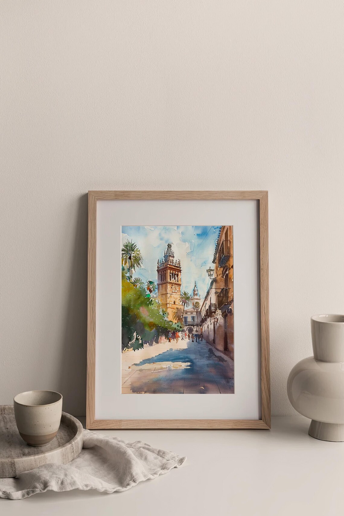 Stunning Seville Spain Giralda Tower Street Scene Watercolor Poster - Image 3