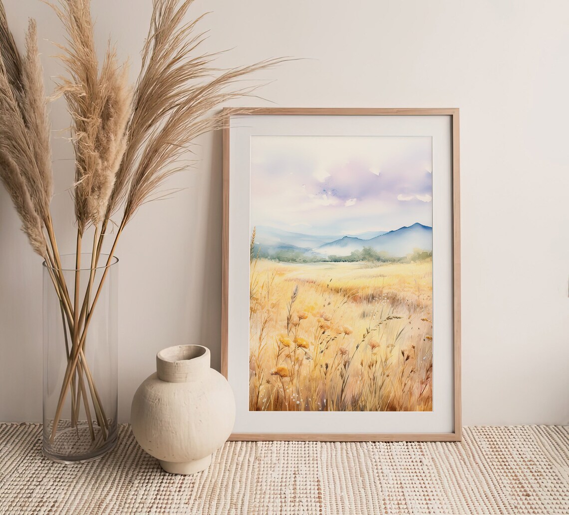 Golden Wheat Field Meadow Mountains Watercolor Poster Large Wall Decor - Image 3