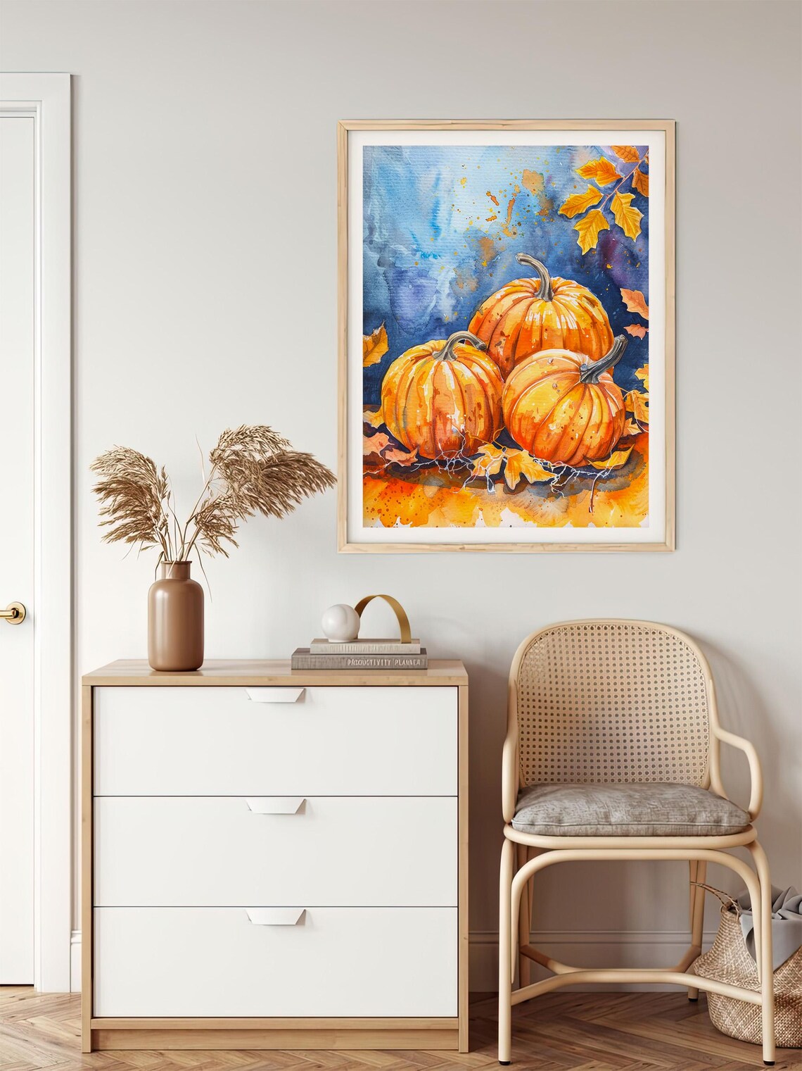 Three Autumn Pumpkins Fall Harvest Watercolor Seasonal Painting Poster - Image 2