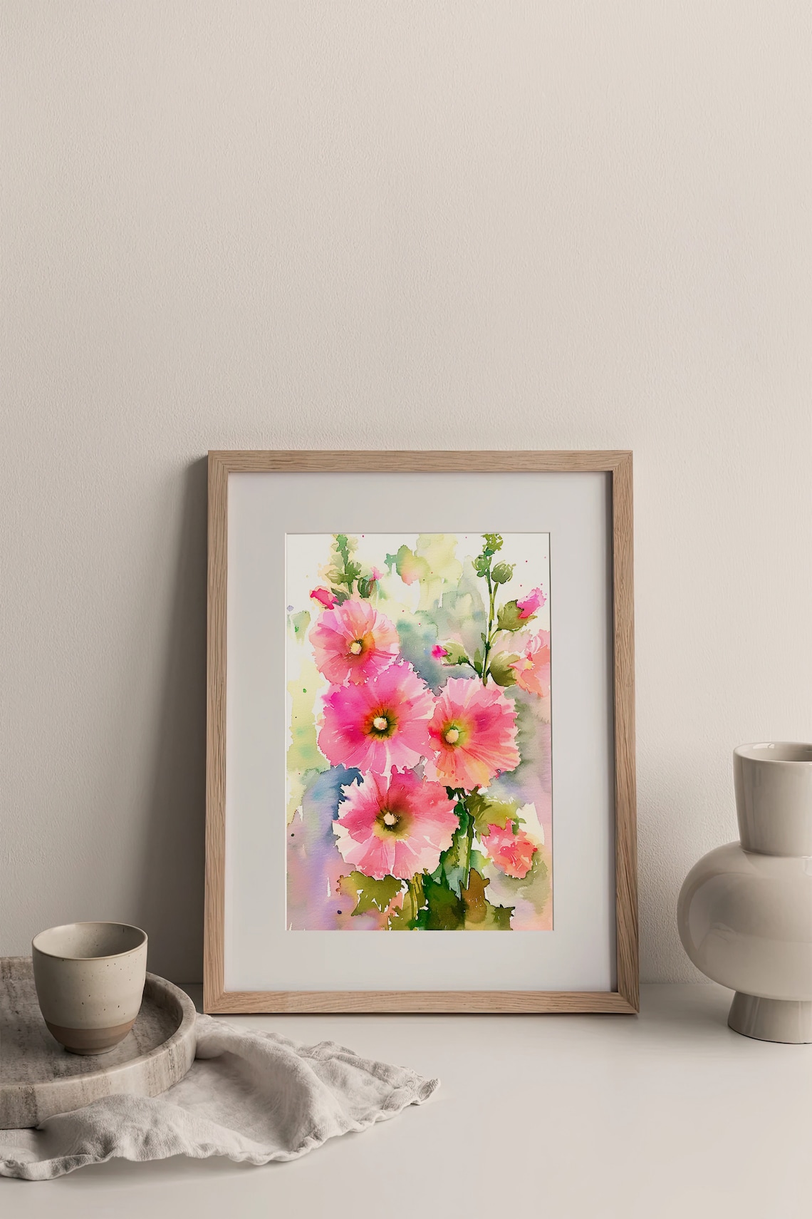Hollyhock Flowers Watercolor Art Print, Botanical Decor - Image 3