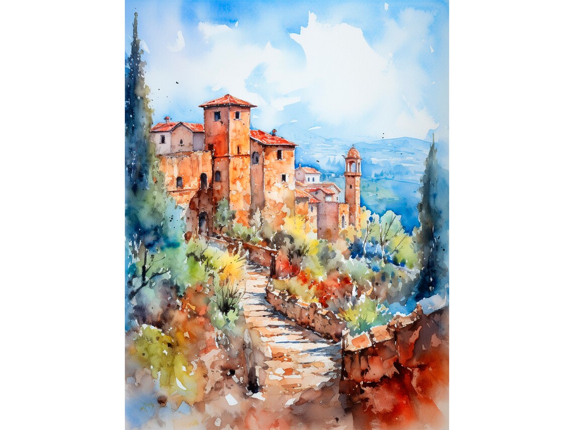 Italy Houses Watercolor Art Print, Tuscany Landscape