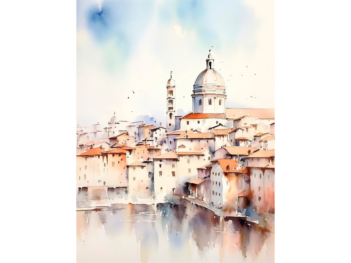 Florence Italy Old Town Dome Riverside Watercolor Travel Poster
