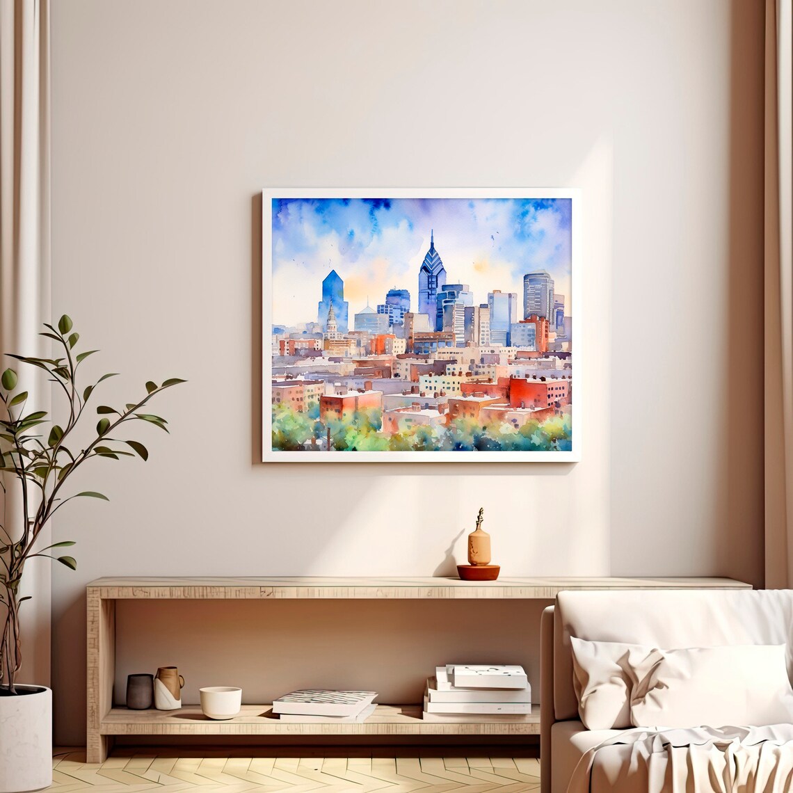 Philadelphia Bright Skyline Cityscape Watercolor Urban Poster - Image 2