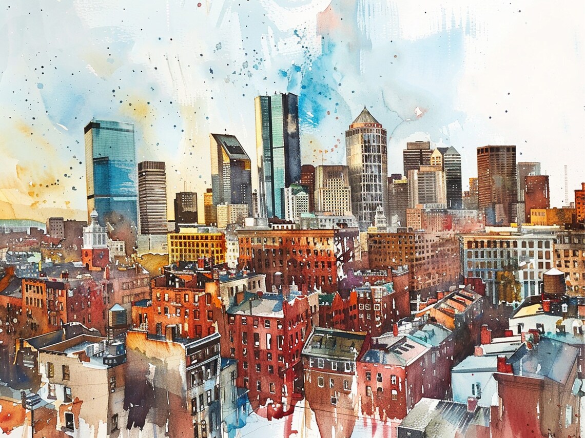 Stunning Boston Massachusetts Skyline Watercolor Cityscape Poster