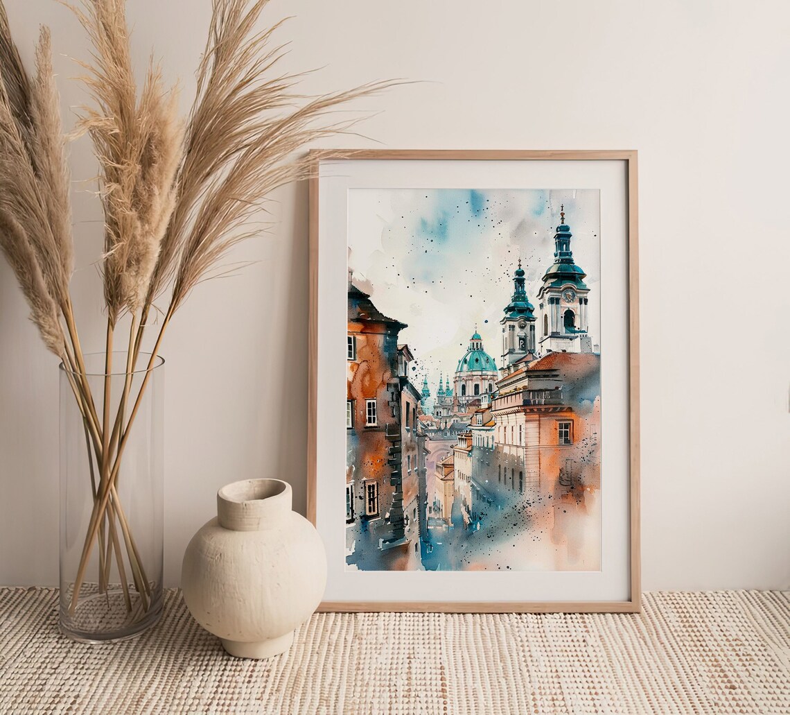 Stunning Prague Czech Old Town Rooftops Watercolor Cityscape Poster - Image 4
