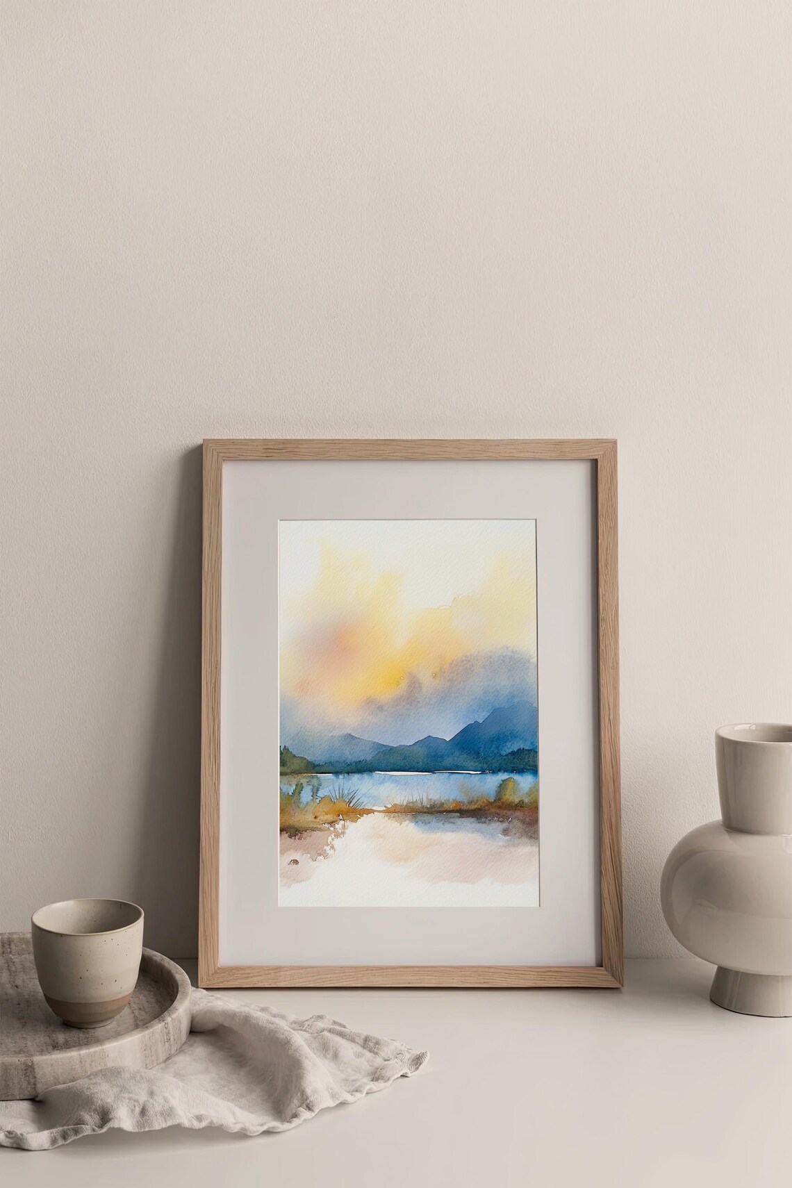 Scottish Highlands Misty Lake Calm Water Reflections Watercolor Poster - Image 3