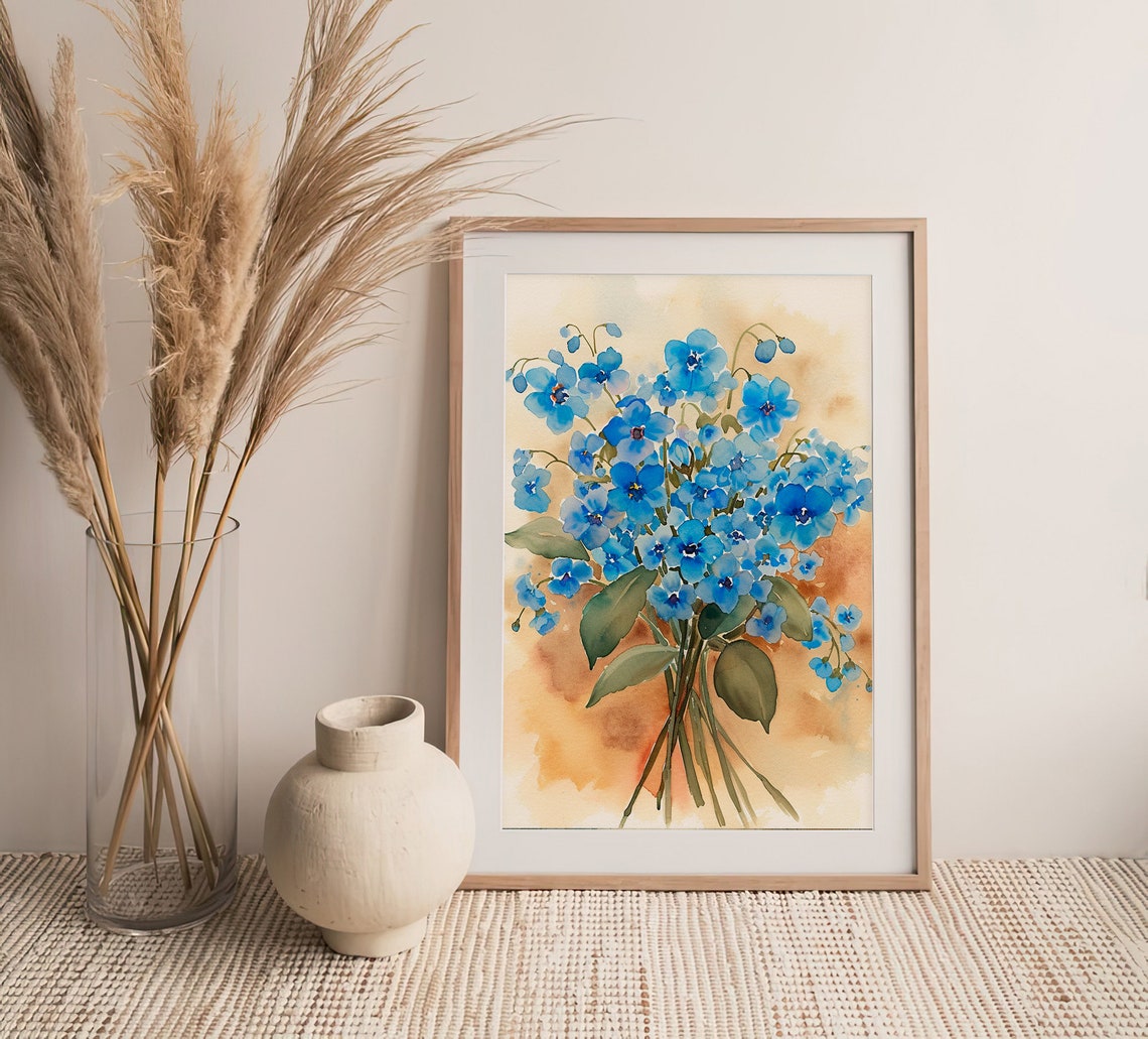 Blue Forget Me Not Flowers Bouquet Watercolor Botanical Wall Art - Image 3